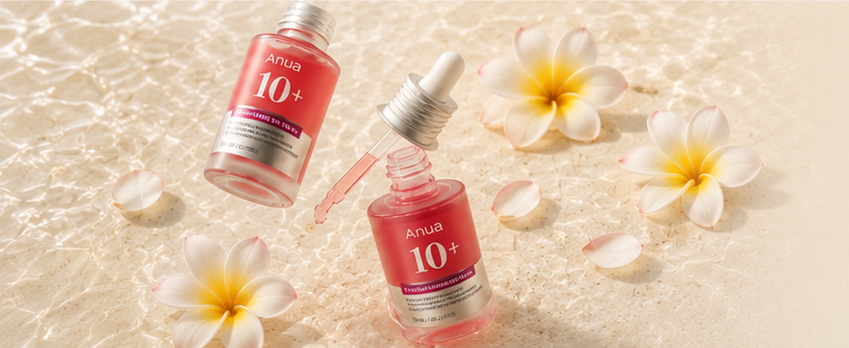 Sérums Anua Niacinamide 10 dans une eau claire, entourés de fleurs de plumeria blanches
